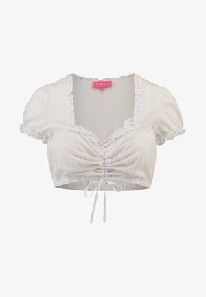 Chemisier blanc court avec manches courtes ballon, motif à pois texturé, devant froncé, encolure à volants et lien de réglage à l'ourlet.