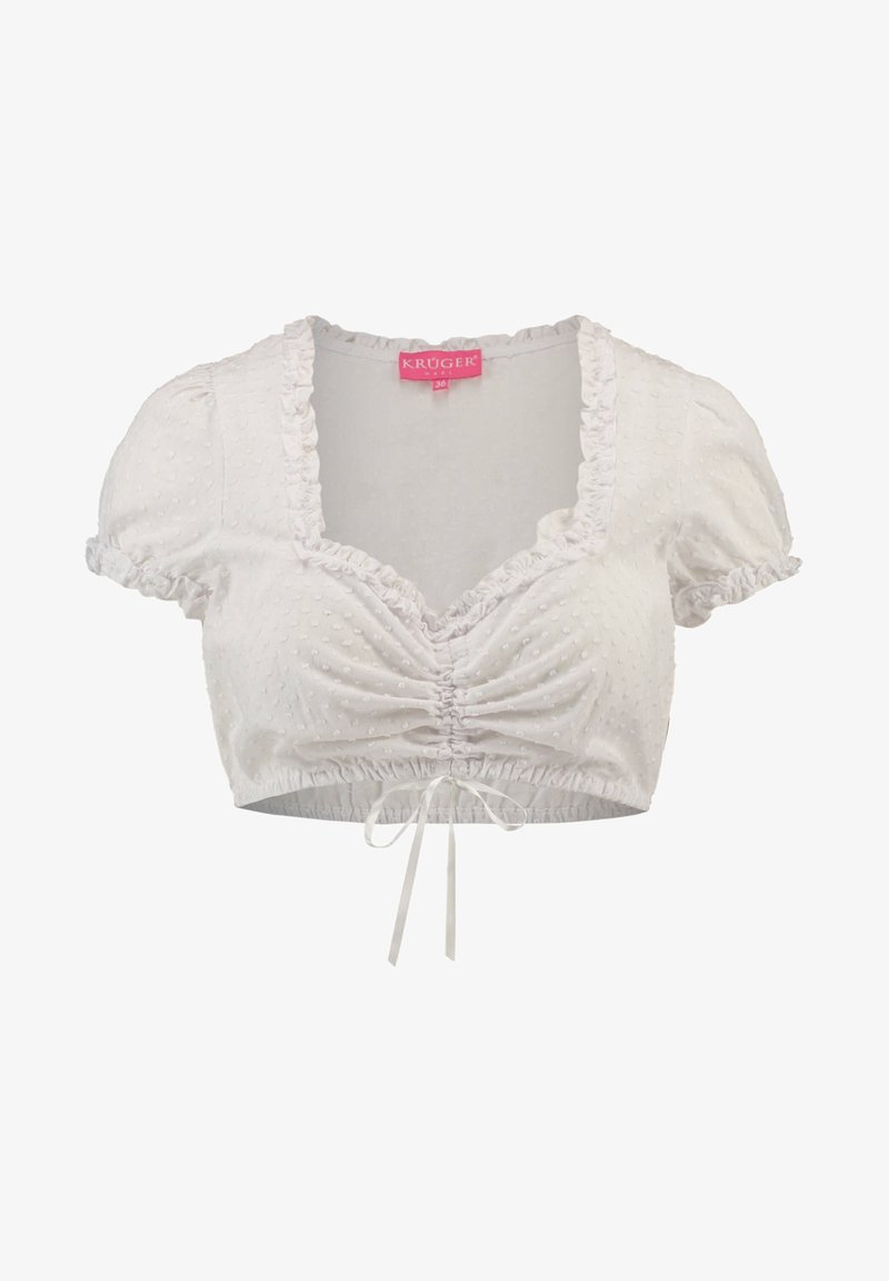 Chemisier blanc court avec manches courtes ballon, motif à pois texturé, devant froncé, encolure à volants et lien de réglage à l'ourlet.