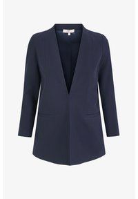 Marineblauwe blazer met een diepe V-hals, driekwart mouwen, twee voorzakken en een gladde, gestructureerde stof.