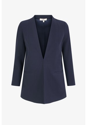 Blazer bleu marine avec un décolleté en V profond, des manches trois-quarts, deux poches avant et un tissu lisse et structuré.