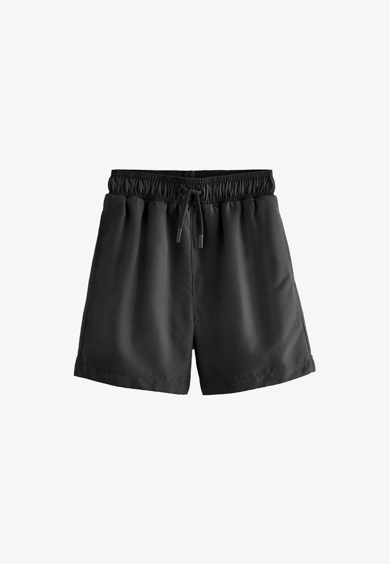 Shorts noirs à taille élastique avec cordon, ourlet droit et poches latérales, présentés sur fond blanc.