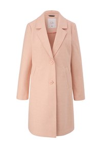 Różowy płaszcz z mieszanki wełny z wyciętym kołnierzem, zapinany na jeden guzik, z dwoma bocznymi kieszeniami. Posiada fakturowaną powierzchnię i luźny krój.