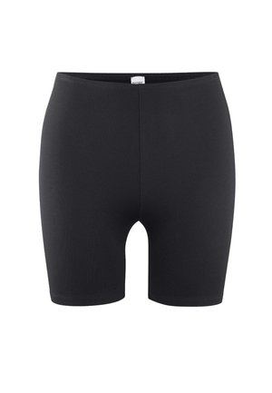 Zwarte, rekbare shorts tot halverwege de dij met een glad, effen ontwerp en een klein wit label in het midden van de tailleband.