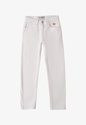 Jeans in denim bianco con un design classico, dotati di cinque tasche, chiusura anteriore con bottone e un piccolo logo ricamato sulla vita.