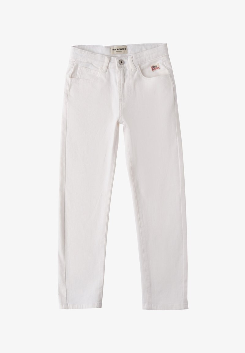 Jeans de denim blanco con un diseño clásico, que cuentan con cinco bolsillos, un cierre de botón en la parte delantera y un pequeño logo bordado en la cinturilla.