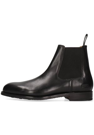 Sorte læder Chelsea-støvler med elastiske sidepaneler, tekstureret finish, rund tå og en trækflap bagpå. Gummisål for greb.