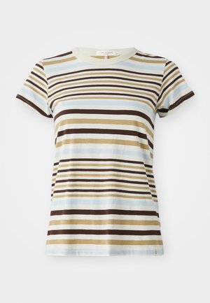 Striped t-shirt in light blue, beige, brown, and cream. Short sleeves, crew neck, cotton material, with a stitched hem and side tag.