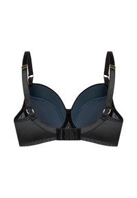 Czarny usztywniany biustonosz o gładkim wykończeniu, z siateczkowymi detalami, regulowanymi ramiączkami i zapięciem na haftki z tyłu. Posiada złote akcenty.