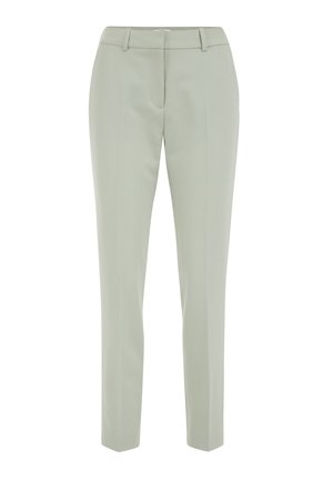 Light green tailored trousers with a smooth texture, slim fit, and double pleat details. Features belt loops and a zip fly closure.