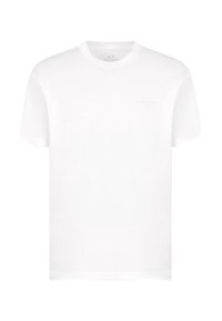 T-shirt bianco in cotone con collo rotondo, maniche corte e un logo discreto nella parte superiore sinistra del petto. Texture liscia e uniforme.