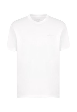 T-shirt bianco in cotone con collo rotondo, maniche corte e un logo discreto nella parte superiore sinistra del petto. Texture liscia e uniforme.