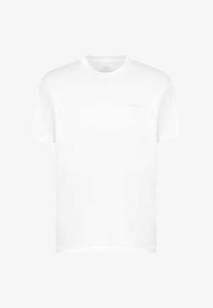 T-shirt bianco in cotone con collo rotondo, maniche corte e un logo discreto nella parte superiore sinistra del petto. Texture liscia e uniforme.