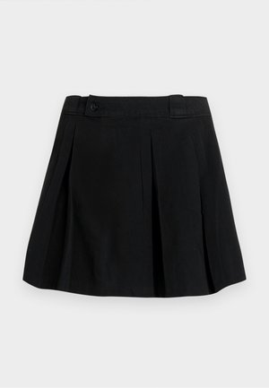 Fustă plisată neagră cu talie și detaliu cu nasturi, de lungime până la genunchi, realizată dintr-un material neted, expusă pe un fundal simplu, deschis la culoare.