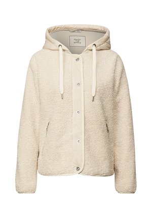 Veste en polaire couleur crème avec capuche, devant à boutons-pression, cordons de serrage et poches latérales zippées.