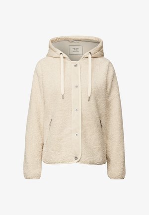 Beige Fleecejacke mit Kapuze, Druckknopfverschluss, Kordelzügen und Reißverschlusstaschen an den Seiten.