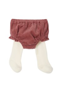 Rostfarbene Corduroy-Babybloomers, die an cremefarbene Strumpfhosen genäht sind, als ein einziges Kleidungsstück für Säuglinge entworfen.