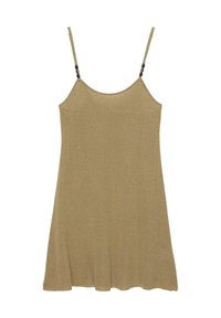 Beige sleeveless dress with thin shoulder straps featuring small black and brown beads, flared at the bottom.
