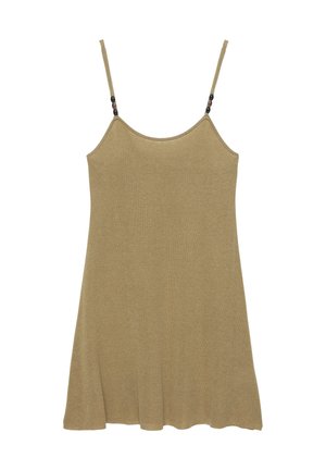 Beiges ärmelloses Kleid mit dünnen Schulterträgern, verziert mit kleinen schwarzen und braunen Perlen, am unteren Saum ausgestellt.