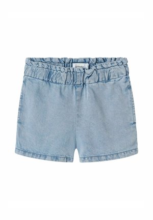 Ljusblå denimshorts med elastisk midja, med en volangdesign upptill och raka ben. Inga fickor.