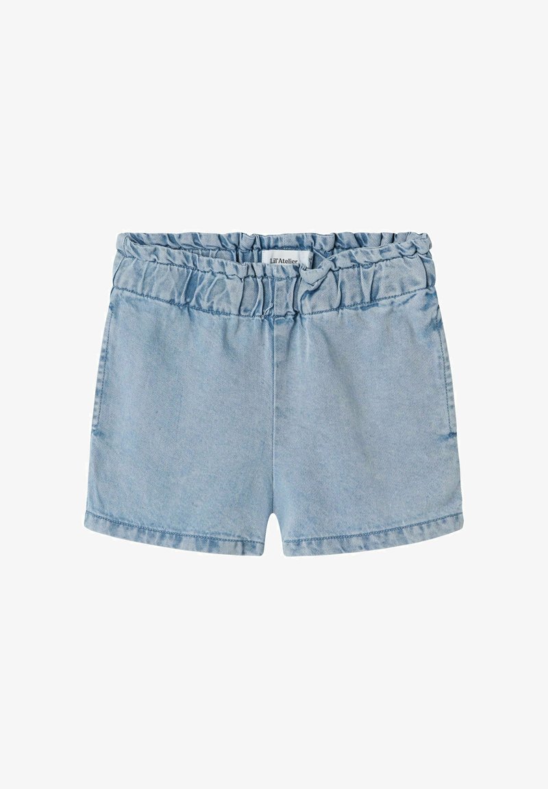 Gaiši zili džinsu šorti ar elastīgu jostasvietu, ar ruffles dizainu augšā un taisnu kāju griezumu. Bez kabatām.