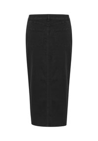 Black denim pencil skirt with a waistband, back pockets, and a straight cut, featuring a smooth texture and minimal stitching details.