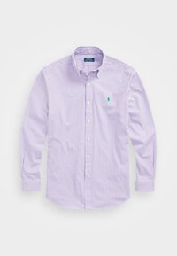 Lila och vit randig långärmad skjorta med knapp-ner krage, som har en liten grön broderad logotyp på vänster bröst.