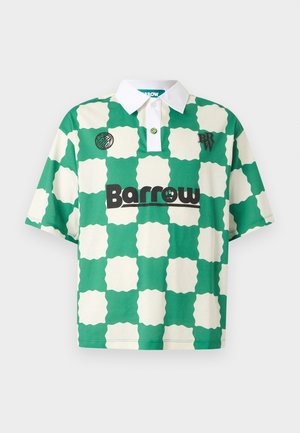 Polo a maniche corte a quadri verdi e bianchi con colletto bianco, patta con bottoni e logo "Barrow" sul petto.