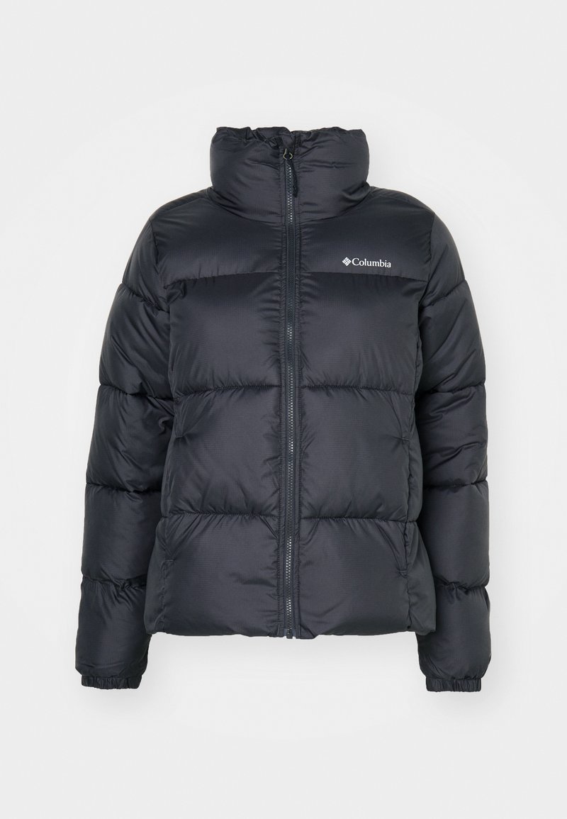 Zwarte pufferjas met hoge kraag, ritssluiting aan de voorkant en elastische manchetten. Gemaakt van gladde stof met een logo op de linkerkant van de borst.