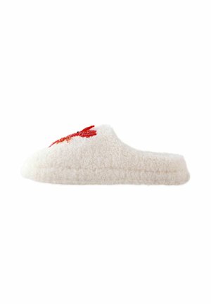 White fluffy slipper with a soft texture, featuring red embroidered accents on the upper and a simple, slip-on design.