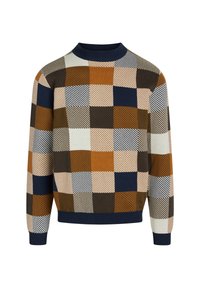 Pull en maille avec un design patchwork multicolore comprenant des teintes marron, bleu marine, crème et orange, un col rond et des poignets côtelés.