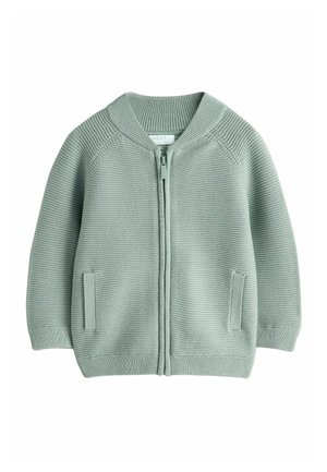 Light green knitted zip-up cardigan with ribbed cuffs, collar, hem, and two front pockets.