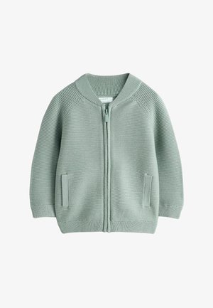 Hellgrüne, gestrickte Reißverschluss-Cardigan mit gerippten Bündchen, Kragen, Saum und zwei Fronttaschen.