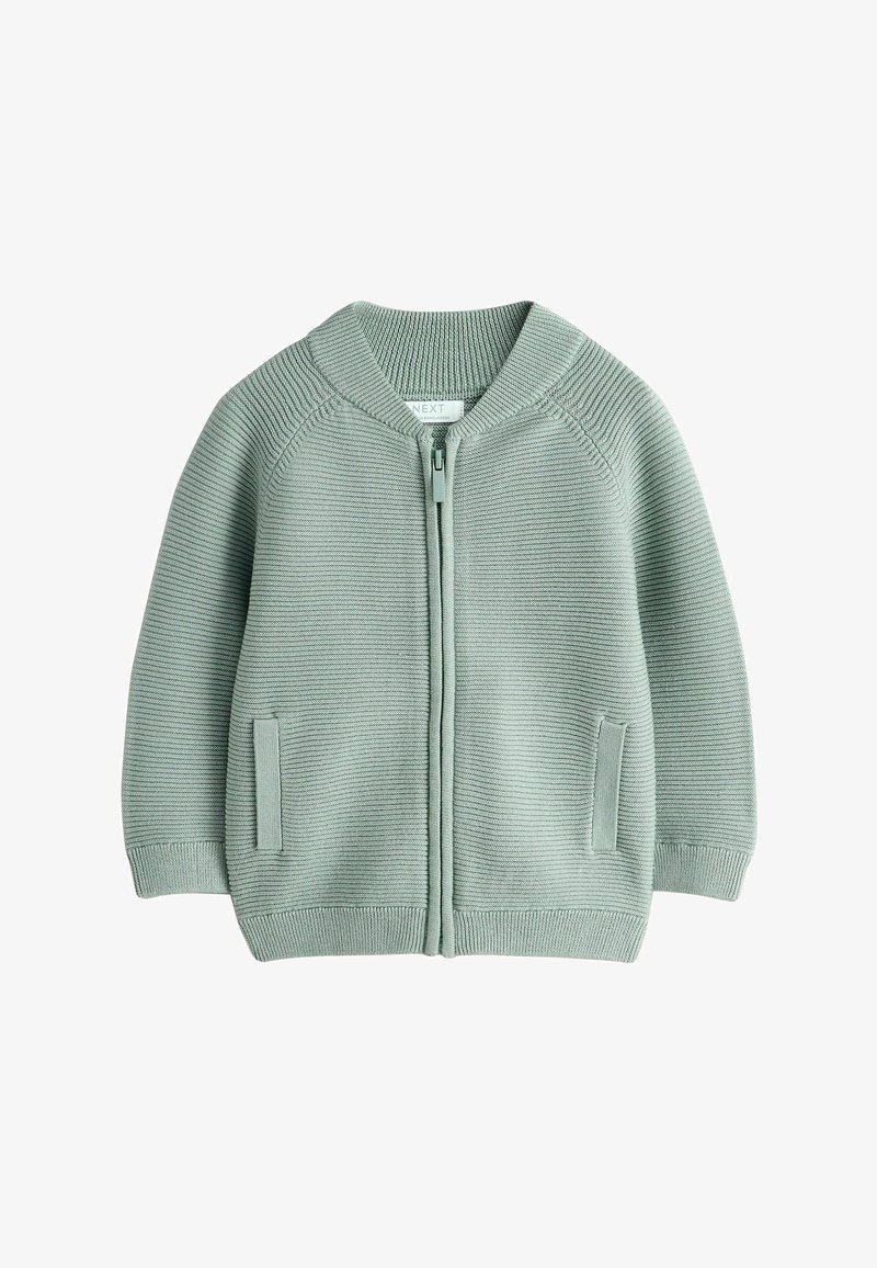 Cardigan zippé tricoté vert clair avec poignets, col, ourlet côtelés et deux poches avant.