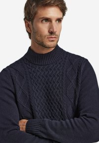 Dunkelblauer Strickpullover mit hohem geripptem Kragen und strukturiertem Kabelstrickmuster auf der Vorderseite. Lange Ärmel, schmal zulaufende Bündchen.
