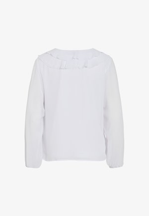 White long-sleeve blouse with a ruffled collar, smooth texture, and elasticized cuffs. Simple, clean design suitable for various occasions.