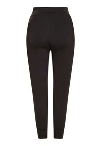 Zwarte katoenen joggers met een taps toelopende pijp, elastische tailleband en geribbelde boorden. Gladde textuur, effen kleur en geen zichtbare patronen of accenten.