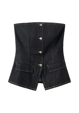 Top de corsé sin tirantes de mezclilla oscura con botones plateados en el frente y dos bolsillos con solapa cerca del dobladillo.