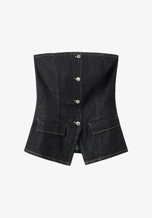 Top de corsé sin tirantes de mezclilla oscura con botones plateados en el frente y dos bolsillos con solapa cerca del dobladillo.