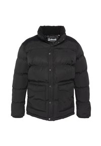 Sort dunjakke med høj krave, knaplukning og to forlommer. Har et quiltet design og blød tekstur.