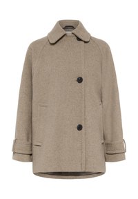 Beige wollen blend jasje met een kraag, dubbelrijige zwarte knopen, zijzakken en opgerolde manchetten. Glad uiterlijk en een ontspannen pasvorm.