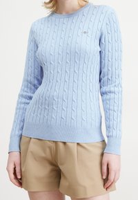 Jasnoniebieski sweter dziany z warkoczowym wzorem, okrągłym dekoltem oraz ściągaczami na mankietach i u dołu. Małe logo na piersi. W zestawie z beżowymi szortami.