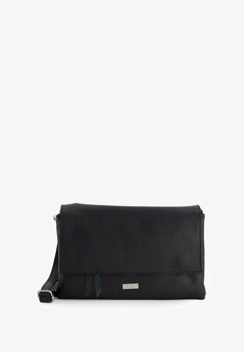 Black textured leather crossbody bag with adjustable strap and silver logo plaque on front flap.