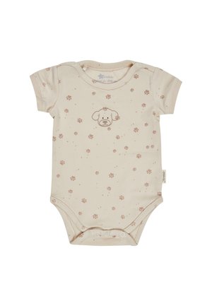 Beige Baby-Body mit kurzen Ärmeln, verziert mit kleinen braunen Pfotenabdrücken und einer simplen Hundegesicht-Illustration auf der Brust.