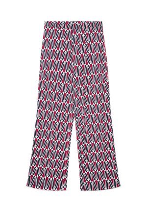 Hosen mit weitem Bein und wiederholtem geometrischem Muster aus marineblauen, weißen und dunkelrosa länglichen Formen auf dem Stoff.