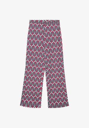 Pantalon à jambes larges avec un motif géométrique répété de formes allongées bleu marine, blanches et rose foncé sur le tissu.