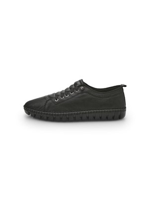 Black leather sneaker with round toe, six eyelets, contrasting stitching, and textured rubber sole featuring vertical ridges.