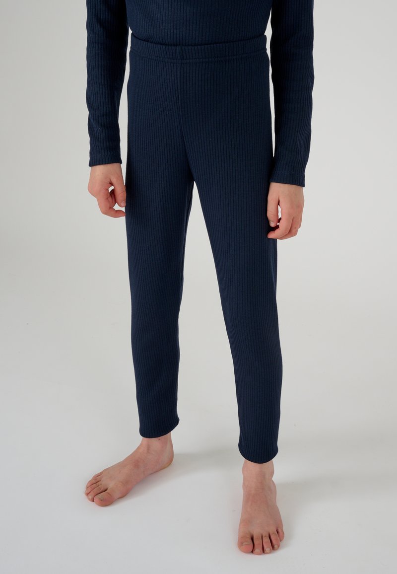 Marine ribbellegging met een aansluitend ontwerp en een hoge tailleband, gemaakt van zachte stof, die tot aan de enkels reikt met een gladde textuur.