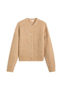 Cardigan lavorato a maglia beige con scollatura rotonda, chiusura a cinque bottoni, orlo a coste e maniche oversize con un motivo strutturato.