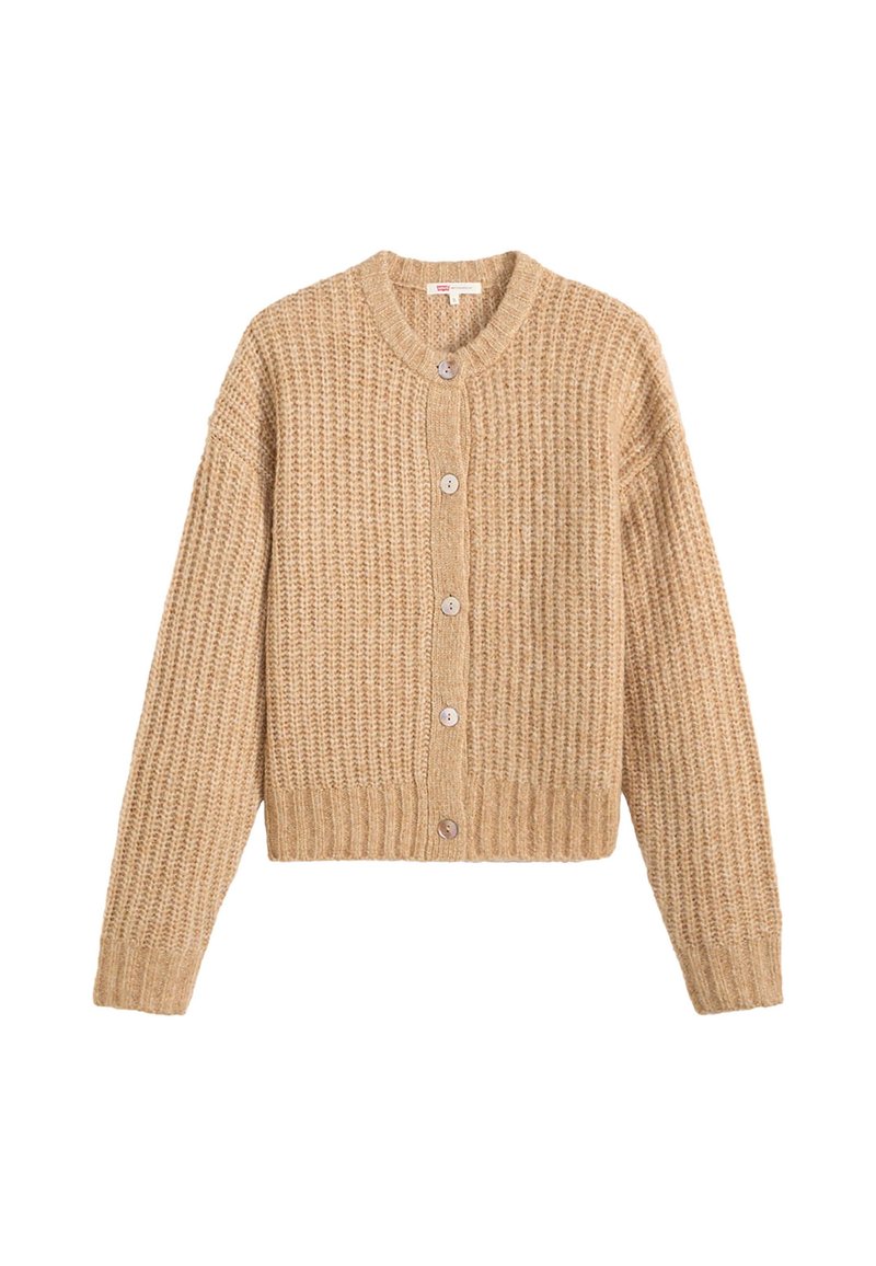 Cardigan lavorato a maglia beige con scollatura rotonda, chiusura a cinque bottoni, orlo a coste e maniche oversize con un motivo strutturato.
