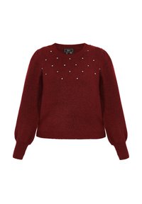 Burgunderfarbener Strickpullover mit rundem Ausschnitt, langen puffigen Ärmeln und dekorativen silbernen Perlenakzenten auf der Vorderseite. Weicher Stoff, cropped Schnitt.
